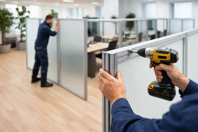 Instalación de mampara divisoria modular en oficina sin necesidad de obras