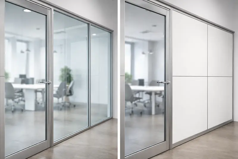 Comparativa de mamparas de oficina en cristal y melamina con perfilería de aluminio